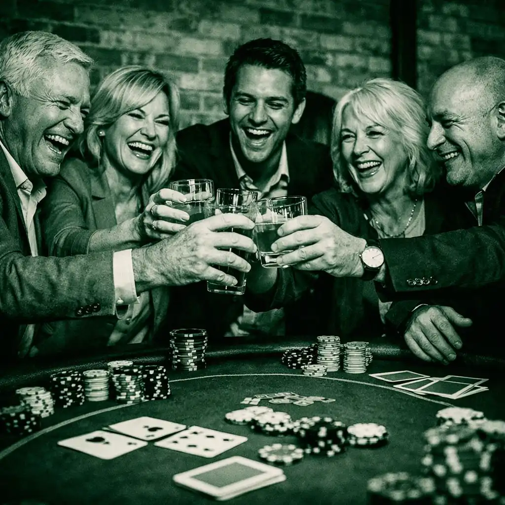 Grupa gości śmiejących się przy stole pokerowym